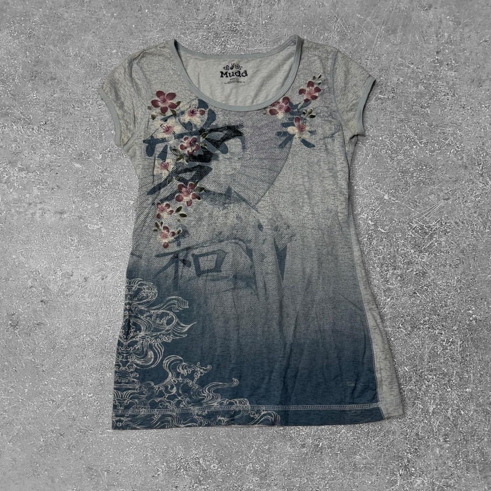 Mudd Y2K Gray Blue Ombre Floral Graphic Tee Small Vintage Japanese Kanji Print